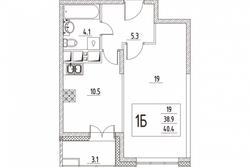 Однокомнатная квартира 40.4 м²