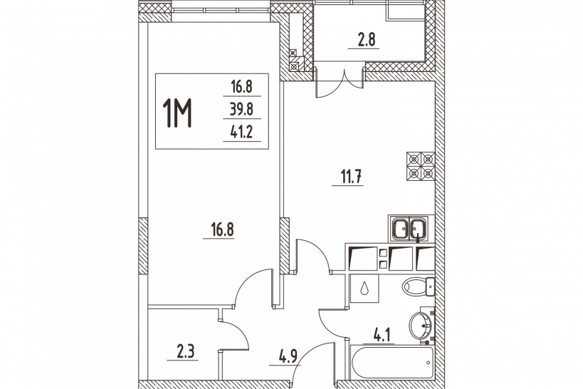 Однокомнатная квартира 41.2 м²