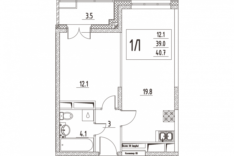 Однокомнатная квартира 40.7 м²
