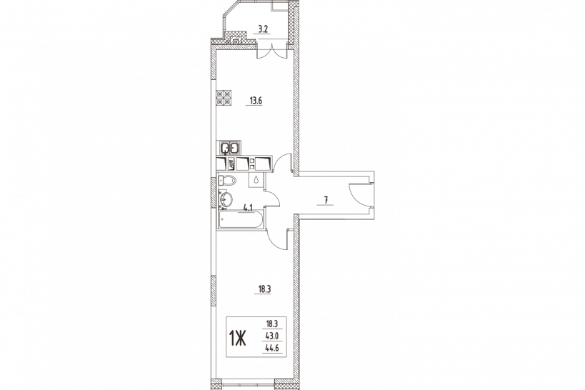 Однокомнатная квартира 44.6 м²