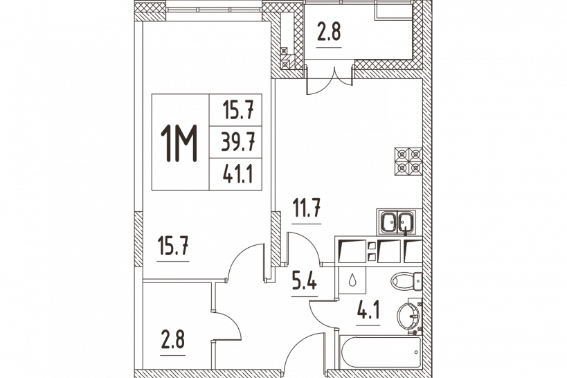 Однокомнатная квартира 41.1 м²