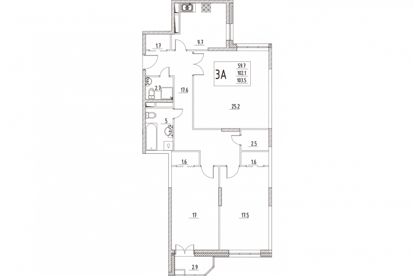 Трёхкомнатная квартира 101.5 м²